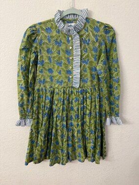 Grace Harris Collection Green Floral Long-Sleeve Dress With Blue Striped Ruffle
